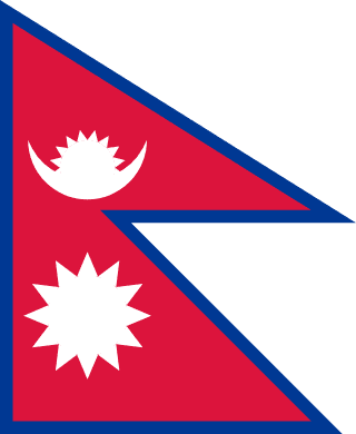 The flag of Nepal is the world's only non-quadrilateral flag of a sovereign country. It takes the shape of two adjoining right-angled triangles and has a crimson red field with deep blue edges. Within the smaller upper triangle is an emblem of the upper half of a white sun resting on an upward facing white crescent. The lower triangle bears a white sun with twelve rays.